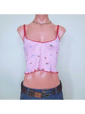Kitsch Y2K Contrast Pink Red Lace Trim Cotton Cami Tank (One Size)
